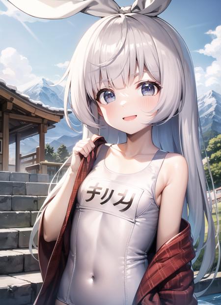 <lyco:cherino1-000008:1.0>, cherinoswim, upper body, smile, blush, outdoors, day, simple background, blue sky, sky, temple, looking at viewer, stairs, mountain, moody lighting, facing viewer,