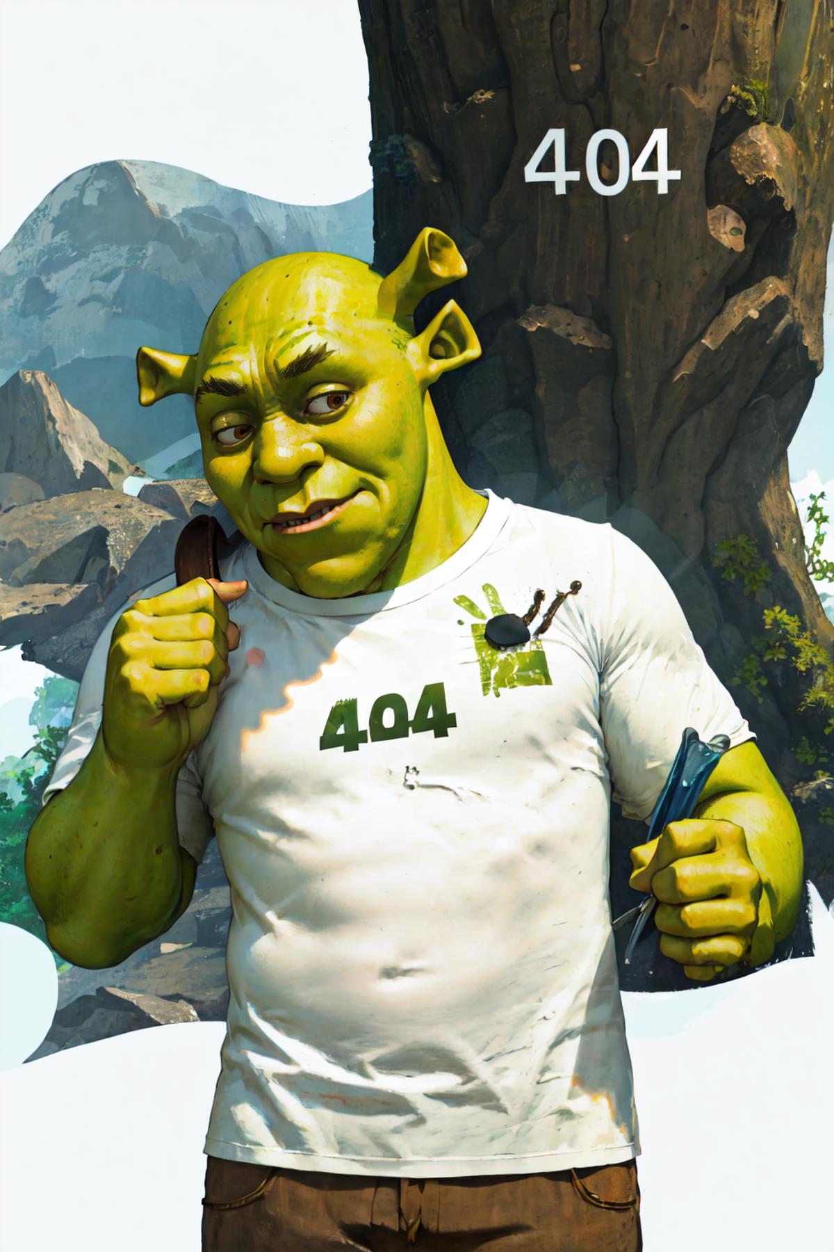 A cartoon image of a green creature wearing a white shirt.