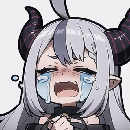 chibi emote, streaming tears, closed eyes, crying, nose blush, open mouth, portrait, trembling, wavy mouth, 1girl, <lora:chibi_emote_v1:1>, <lora:laplusDarknessV8:1>, black coat, black dress, white sleeves, sleeves past finger, sleeves past wrists