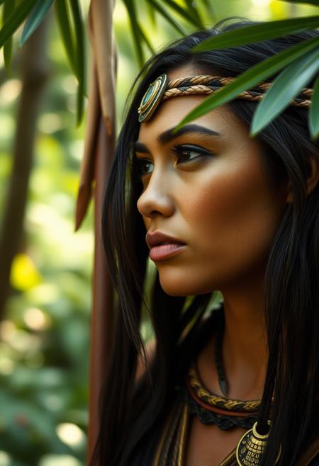 Close Up shot of Pocahontas as a warrior princess  iat the jungle, at day, Low saturation color photography, vintage, grunge, side light