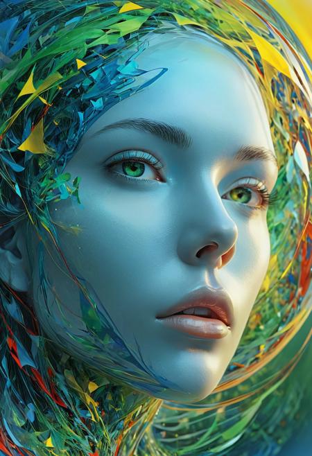 A digital art piece showcases a mysterious, pulsating sphere with a detailed, close-up depiction of an abstract female face. The face features a gentle, ethereal color scheme consisting of blue, green, yellow, and red hues. The backdrop is peaceful and subdued. The artwork incorporates an optical illusion that alters the viewer's perspective.