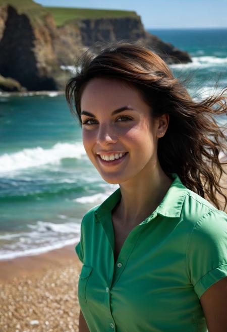 cinematic film still <lora:Nella_SDXL_v1.0:1> 
immaculate photography of an ((ohwx woman)) wearing green shirt, by nini jin. intricate 8k resolution photo captured with 50mm f/1.16 lens rendered on location at the beach with natural spotlight illuminating her laughter amid crashing waves. delicate details, vivid natural lighting, hyper realistic volumetric shadows and bokeh, award winning depth of field and rim lighting in the blurred landscape prize winning photograph of seaside fun photography . shallow depth of field, vignette, highly detailed, high budget, bokeh, cinemascope, moody, epic, gorgeous, film grain, grainy