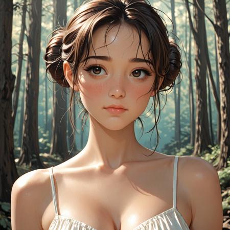 highres, detailed_eyes, beautiful, detailed, masterpiece, best quality, absurdres, 8k, HDR, face_focus, half body portrait, 1girl, 20yo, brunette, (beautiful face, cute face), messy bun, shy expression, sundress, forest, retro, grunge