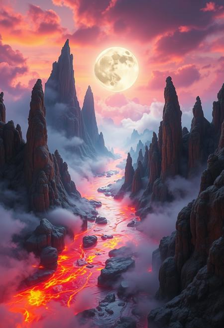 Envision a dreamscape where vibrant colors and surreal elements collide in absurdly high resolution. Boiling rivers, glowing in fiery reds and oranges, weave through a fantastical landscape. The steam rises from their surfaces, blending seamlessly with the deep purples and blues of the thick fog that melds with the clouds above, creating an ethereal atmosphere.
Towering, natural rock spires, painted in rich, earthy hues, reach up to cradle a luminescent moon that casts an otherworldly glow. These ancient formations, with their intricate textures and weathered details, appear both majestic and surreal, as if holding up the heavens themselves.
Every element is depicted in incredible detail—the boiling water, the swirling mist, the rugged spires—each rendered with a vibrancy that almost defies reality. The scene pulses with life, where the absurdly high resolution brings out every nuance of color and texture, creating an overwhelming sense of surrealism in a world that teeters between fantasy and reality.