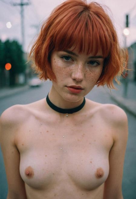 moody aesthetic, Kodak Ektachrome film, 35mm f/1.2,( Marcell Rév style:1.2), solo, perky breasts, short-medium length hair,( small breasts:1.4), night time photo shoot, (petite:1.2), straight bangs, freckles, choker, exposed breasts, exposed chest, 18 year old, realistic, exposed pussy, city alley, (adorable face:1.3), red hair highlights, analog vintage style film photo, warm photo, film grain, cute nipples,( full body:1.3)
