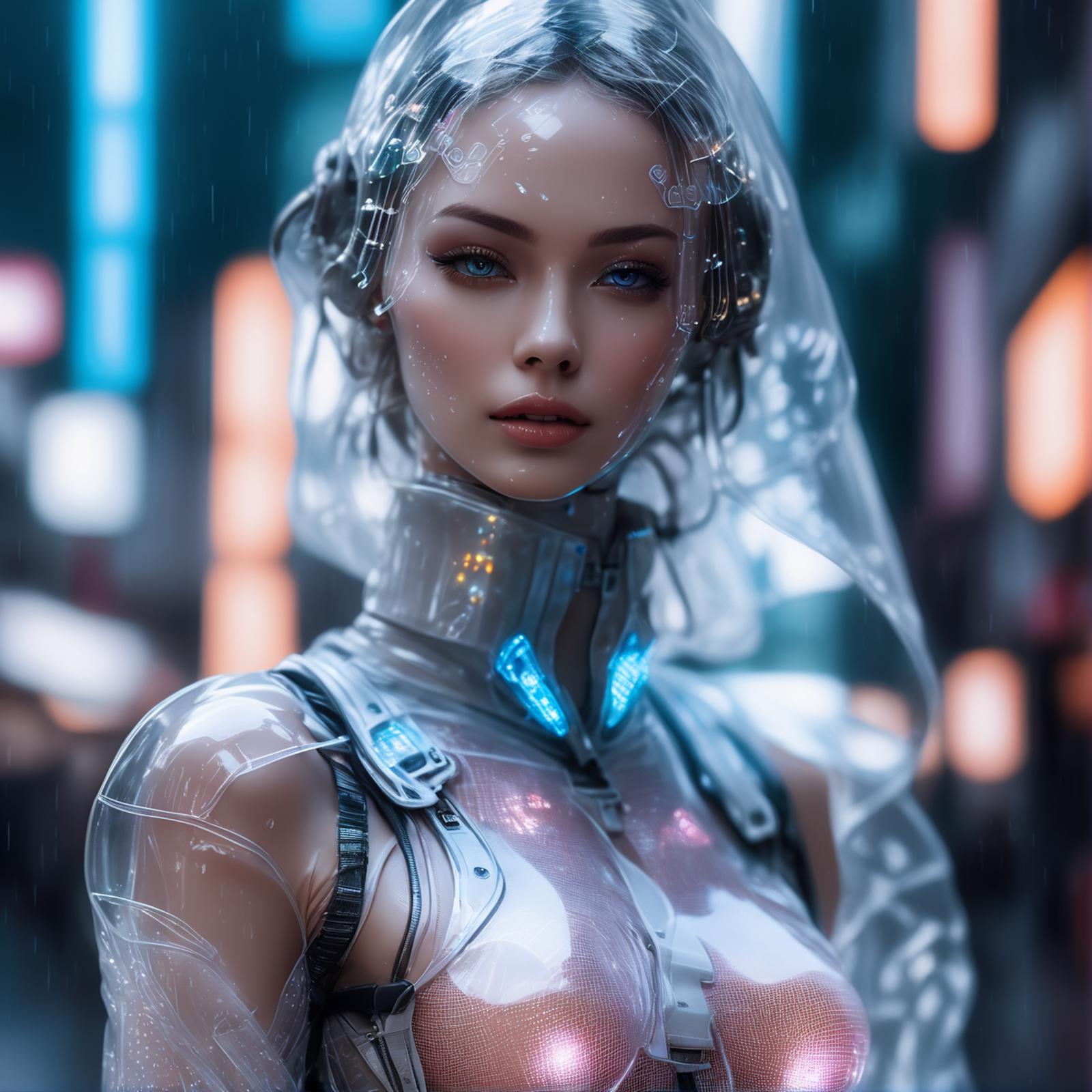 A futuristic robotic woman with blue eyes and a white dress.