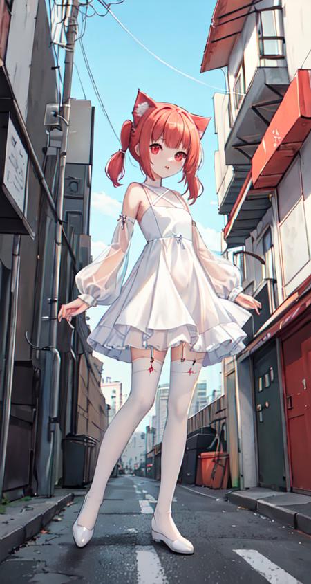 red eyes, short hair, short twintails, expressionless, cat ears, small breasts, cityscape, street, road, vehicle, buidlings, alley, white dress, translucent dress, transparent dress, see-through dress, white stockings, white thighhighs, unity cg, 8k wallpaper, amazing, ultra-detailed illustration