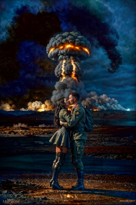 dark theme Two soldiers kissing each other in the middle of a war, (nuclear explosión background:1.2) <lora:photorealism_last:1> <lora:picxer_real:1> <lora:epiCRealismHelper:0.7> <lora:LowRA:0.6>, nightmare by tim burton, monster dreams, v-ray octane, highly detailed by artgem, art, trending artstation, blender, vivid color, steampunk, messi, cinematic light, alexa, ultra primme<lora:epi_noiseoffset2:1>