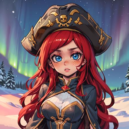 masterpiece, best quality, <lora:PhantomIxRowStyle:0.9>, phantixrow, 1girl, solo, blue eyes, red hair, long hair, large breasts, freckles, blush, pirate hat, outdoors, snow, scenery, night, aurora