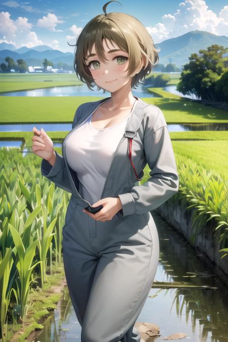 (extremely detailed CG unity 8k wallpaper), (masterpiece), (best quality), (ultra-detailed), (best illustration), (best shadow), (absurdres), 1girl, solo, <lora:minori:0.8> nakazawa minori, ahoge, wide hips, (gray coveralls, long sleeves:1.2), (red tank top), looking at viewer, smile, outdoors, rice paddy, rice field