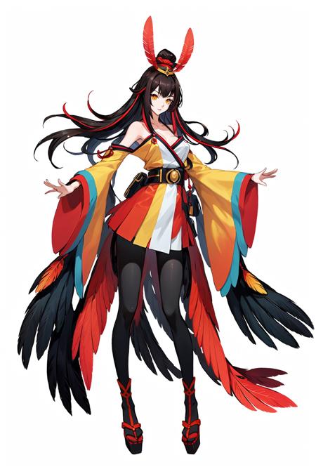 Concept art, Japanese 2D style, game character design, 1girl, solo, brunette hair, long hair, white background, simple background, full body, breasts, pantyhose, japanese clothes, feathers, bare shoulders, split sleeves, belt, standing, multicolored hair, yellow eyes, belt, wide sleeves, kimono, tattered clothes, looking at the audience<lora:erciyuanV5:0.8>,