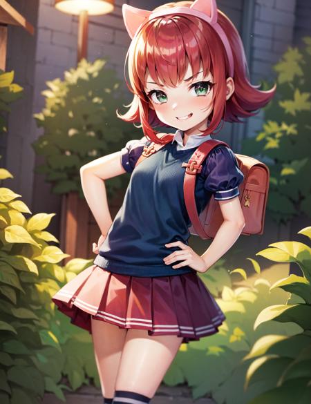 short hair, animal ears, fake animal ears, cat ears, hairband, green eyes, bangs, blush, red hair, purple hair,  skirt, short sleeves, juliet sleeves, puffy short sleeves, puffy sleeves,  shirt, pleated skirt, striped, socks,  kneehighs, loose socks, purple skirt, blunt bangs, striped legwear,    sweater vest, argyle, argyle sweater, school uniform, backpack, randoseru,  sidelocks, short hair with long locks, shoes, mary janes, leg warmers,