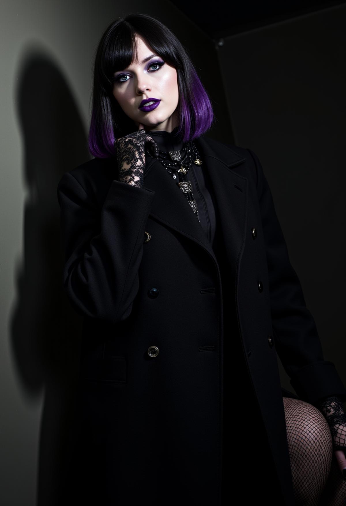 A goth woman, 18yo. She has pale white skin, dark black hair with dramatic purple highlights, and pale purple lips. Her wardrobe is a mix of dark Victorian and gothic punk, including a long black coat, lace gloves, fishnet stockings, and platform boots. Her pose is playful and confident, leaning slightly forward with one hand on her chin, The background is dark and moody, with shadows cast on the wall behind her. closeup head shot