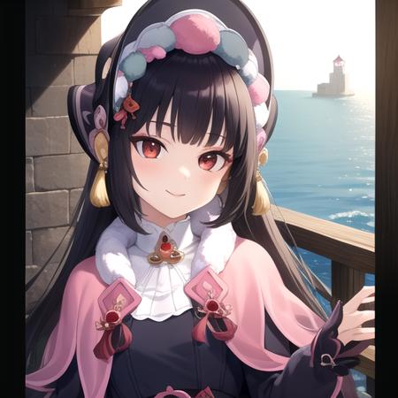 ((masterpiece)),(best quality),official art,extremely detailed CG,unity 8k wallpaper,ultra detailed,A lighthouse on a cliff by the sea,1girl,solo,upper body,(portrait:1.2),looking at viewer,red_eyes,long_hair,knee_boots,blunt_bangs,long_sleeves,dress,black_hair,purple_pantyhose,smile,lolita_fashion,black_footwear,tassel,bonnet,pink_capelet,fur_collar,eyeshadow,makeup,<lora:Yunjin(gen)>,