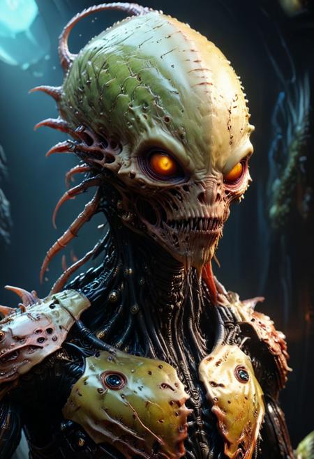 artialien, hyper realistic and highly detailed, an otherworldly horror creature, armored, muscular, glowing eyes, small serious mouth without lips, big pointy ears with spikes, tentacles, in a futuristic spaceship, dark ambiance, from below, powerful aura