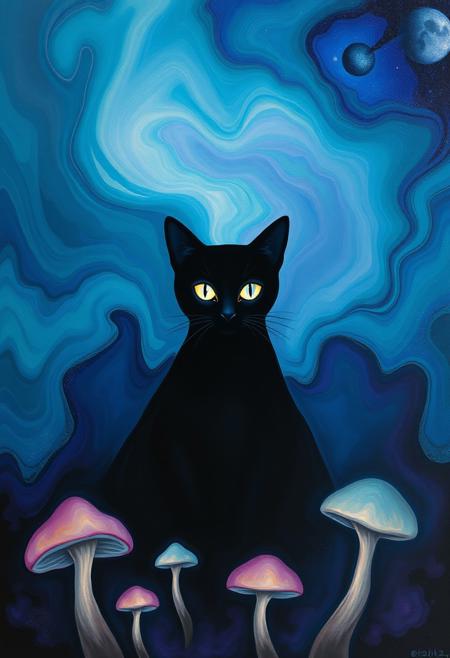 This artwork presents an abstract, surreal scene centered around an ethereal black cat with glowing white eyes. The cat, positioned in the middle, is set against a fluid, swirling background composed of rich blues, teals, and purples, suggesting a mystical or cosmic environment. The backdrop appears almost liquid, with the colors merging and flowing into one another, creating a dreamlike, ethereal atmosphere. Below the cat, abstract, mushroom-like forms and organic shapes emerge, enhancing the otherworldly feel of the image. The cat’s bright, piercing eyes draw attention, making it the focal point of this enchanting and mysterious scene, as if it exists within a magical or alternate dimension.