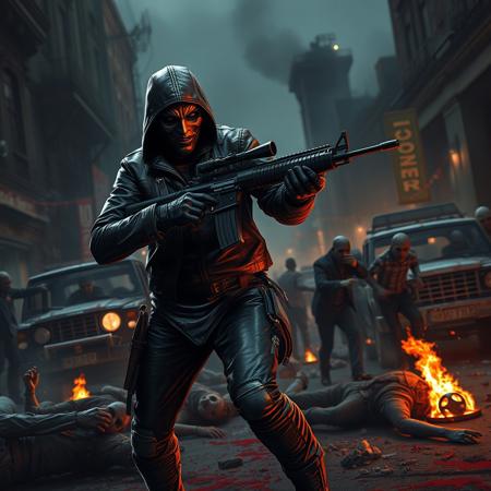 realistic, highly detailed, a lone masked scavenger stalking the streets of a post-apocalypse city. leather outfit, Surrounded by zombies, holding an assault rifle, dynamic pose, fighting, battle, combat, destroyed vehicles, destroyed buildings, night, scary, eerie, horror, fires, bodies on the ground, blood,