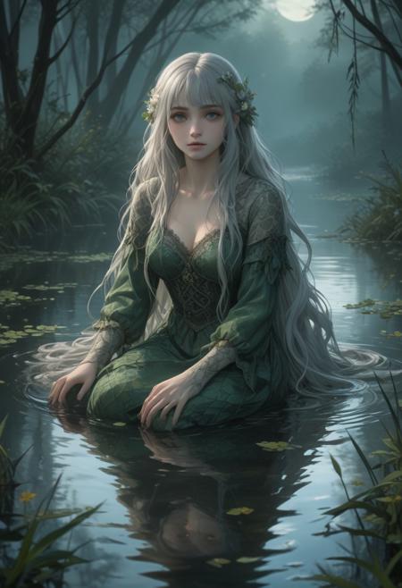 score_9, score_8_up, score_7_up, score_6_up, dynamic, (anime, masterpiece), best quality, (8k), detailed background, sharp focus, intricate, ambient lighting, super high quality, hyper detailed background, cinematic lighting, adult, double tone long hair, medium breasts, verybadimagenegative_v1.3, mature, fantasy, Rusalka, Silvery hair flowing like water in the moonlit lake,Emerald eyes sparkling beneath the surface,Delicate dress woven from river reeds and flowers,Vivid green scales adorning her hands and feet, hinting at her aquatic nature,Soft, haunting song echoing through the misty air,eerie smile as she beckons from the water's edge,Reflections of past lives shimmering on the water's surface, sitting