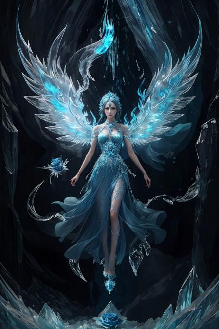 Glacier Caves,ice,Ice ground,(extremely detailed CG unity 8k wallpaper,masterpiece, best quality, ultra-detailed, beautiful detailed eyes:1.1),best illumination,(best shadow, an extremely delicate and beautiful),
Snow_Angel,Depth of field,blurring,princess,(huge wings:1.2),
1gril,blue eyes,blue and black gown,Angel wings,bare feet,(blue rose:1.2),blue jewel,flame,Film filter,(full body:1.2),(Ice blue flame:1.2),(icicle:1.2),Crystal wings,Glowing wings, <lora:Snow Angel_20230611193424:0.8> , <lora:lan_20230611164241:1>