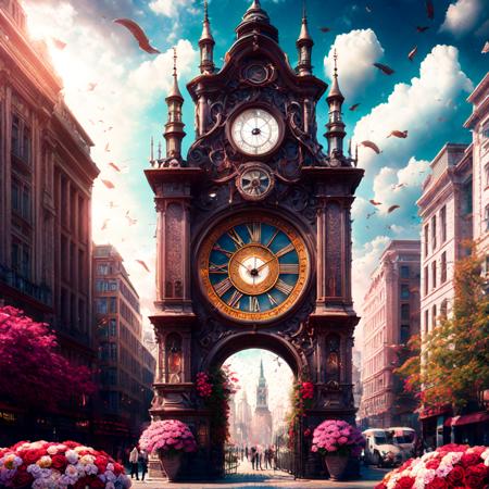 photo (FlowerGateway style:1) painting of a clock tower in the middle of a city <lora:djzFlowerGatewayV21:1>