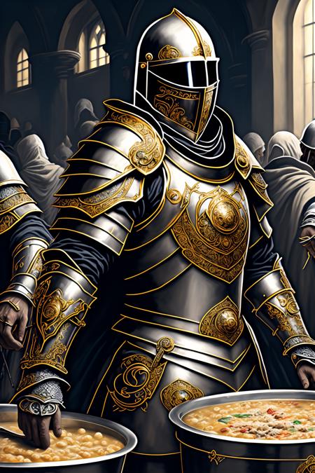 fantchar, a fantasy knight with textured ornate armor as a volunteer at a crowded soup kitchen, realistic, intricate, highly detailed