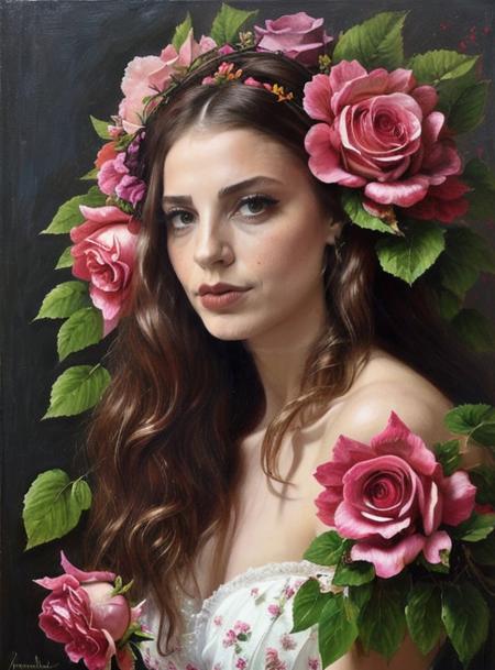 ezgi_eyupoglu, with flowers in her hair and a wreath of pink roses on her head, standing in front of a dark background, painted by artgerm and tom bagshaw, fantasy art, dramatic lighting, highly detailed oil painting<lora:ezgi_eyupoglu-000008:0.9>,