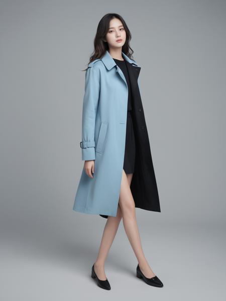 1 girl, wearing a long black and blue trench coat, the background is light blue color blocks, full body photo, facing the camera, beautiful face, photographic texture, movie texture, xm