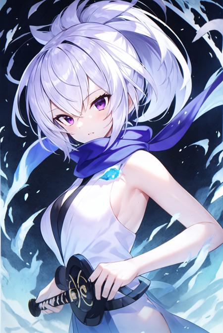 upper body, 1girl, white hair, ponytail, purple eyes, (ninja), short sword, medium breats ,scarf, wallpaper, magic circle background, light particles, blue fire,