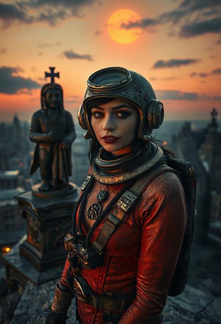 A beautiful woman from the Doomed 1920s era, wearing deep-sea diver suit, rusted and cracked, twilight under a dying sun, set in cyclopean city of non-Euclidean geometry, with a black stone idol, standing at the edge of reality, with a maddened grin, distorted wide-angle, faint chanting in forgotten tongues, amulet pulsing with vile energy. with screams buried in silence, and flesh that forgets its shape