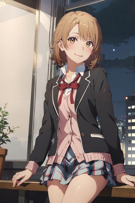 (masterpiece, best quality:1.4), looking at viewer, cowboy shot, smile, blush, iroha isshiki, short hair, school uniform, cardigan, black jacket, open jacket, plaid skirt, kneehighs, window, buildings, night, <lora:iroha_isshiki_v1:0.7>