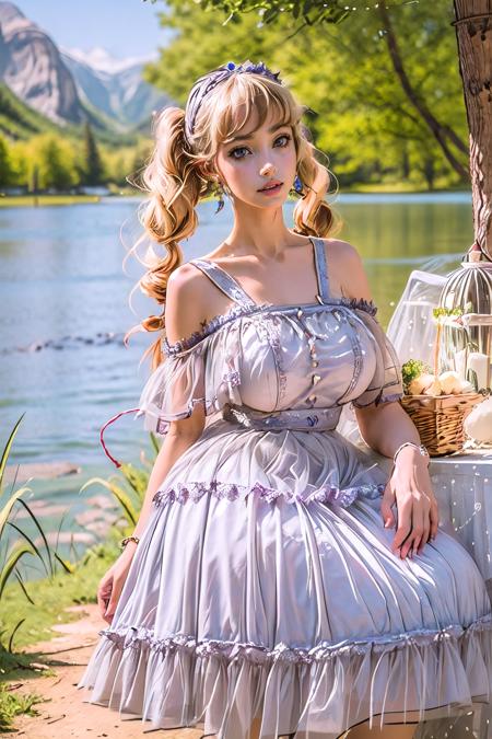 picnic,white dress,jewelry,earrings,hairband,frills,