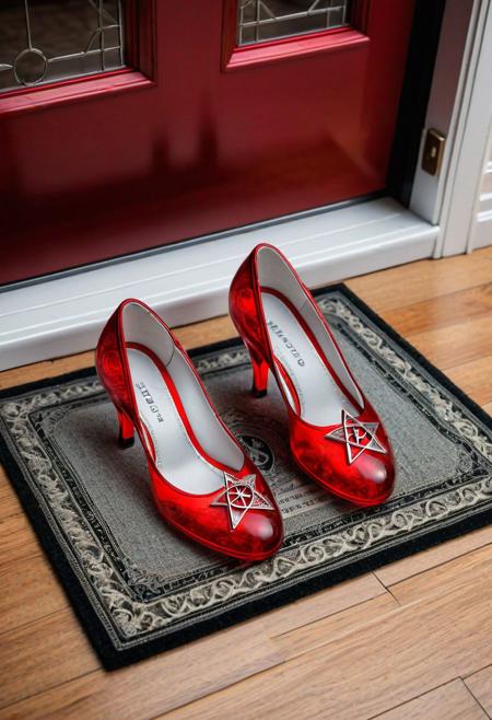 (( Photograph of 2 transparent red glass slippers, (the slippers are red clear seethough translucent and made of glass) , on an old fashioned welcomemat with the word "Home" printed on the welcome mat which is on the floor.))
((everything is grayscale , except the red glass slippers which are red)),
((the welcomemat has the text "Home" printed on it and the red glass slippers have been placed on the welcome mat on the floor))
((nostalgic, intricately detailed, extremely detailed  background, perfect accuracy, award winning photograph))
BREAK
,((uhd, 8k photograph taken with Sony A7R III, 1/30sec at f/5.6, ISO 20,000, 12-24mm f/4 at 12mm, jib angle, looking down at an angle, experimental lighting)) 
BREAK
((inverted pentagram emblem present)), 
ng_deepnegative_v1_75t, epiCRealism, Ellis-RealismBoost