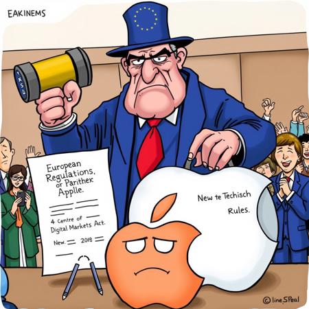A political cartoon depicting the European Union as a stern, authoritative figure (like a judge or bureaucrat) holding a large gavel labeled "Regulations" or "Antitrust". In the foreground, depict Apple as a large, defensive company represented by an oversized apple logo, looking nervous or overwhelmed. The setting could be a courtroom or a government office, with the EU figure pointing to a document titled "New Tech Rules" or "Digital Markets Act". Surrounding elements might include smaller tech companies or consumers cheering in the background, symbolizing support for the EU﷿s actions.