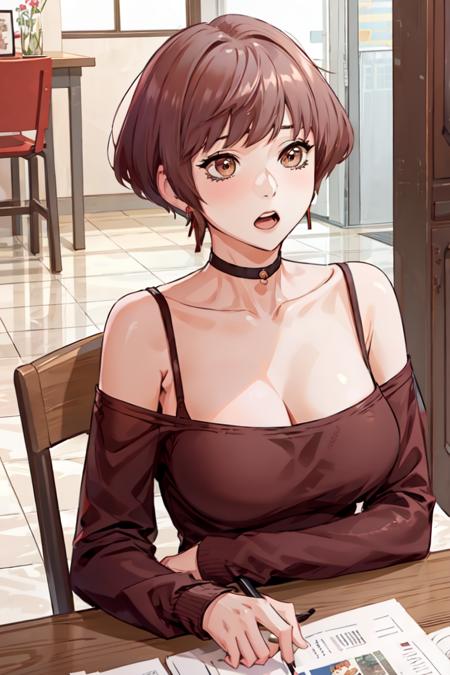 <lora:Lina_SW:0.8> Linadef, short hair, brown eyes
long sleeves, chair, 1girl, bra strap, jewelry, sitting, solo, open mouth, bare shoulders, table, cleavage, breasts, red shirt, bangs, collarbone, off-shoulder shirt, black choker, blush, tiles, shirt, indoors, off shoulder, choker, earrings
masterpiece, best quality,