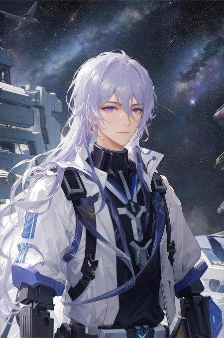 masterpiece, best quality, high quality,close up,outdoors,science fiction, portrait, 
1man, adult,((mature male)), male focus,long hair,purple eyes, white hair,jewelry,<lora:yexuan:0.8>,((Exoskeleton)),((mecha)),
fantasy, ambient_light,space jet with rough surface background