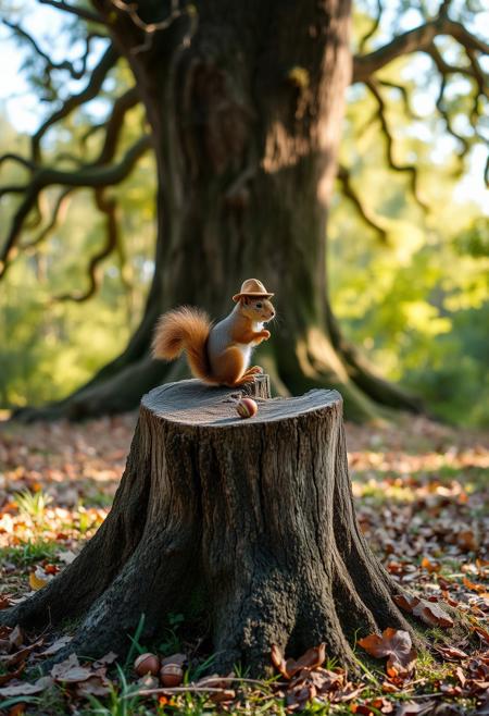 A sturdy old tree stump rests in the middle of a peaceful forest clearing, surrounded by soft grass and fallen leaves. A towering oak tree stands nearby, its branches swaying gently in the breeze. Perched atop the stump is a cute brown squirrel, its fluffy tail curled behind it. The squirrel wears a tiny, slightly tilted hat, giving it a charming, mischievous look. Warm sunlight filters through the leaves, casting dappled shadows across the scene, while a few acorns lie scattered around, hinting at the squirrel’s recent snack