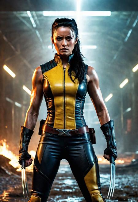 High resolution ultra-realistic of Beautiful Wolverine/Logan vs Laura Kinney/X-23, cinematic lighting, Marvel style, Wolverine and X-23 stand side by side in battle pose on a bloody and stormy battlefield, 8k, realistic modern Wolverine X-Men yellow and black combat costume, gazing straight ahead, dirty face, full body, ultra realistic, cinematic style, athletic figure, day lighting, sharp focus, digital painting, Photograph Taken on Nikon D750, Alphonse Mucha, Hyperdetailed, hyperrealism, aesthetics reminiscent of X-Men, Attractive, asymmetric balance