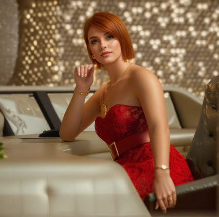 stunning, realistic portrait of a confident  young woman with short auburn hair and green eyes, sitting in a luxurious modern  interior, wearing an elegant strapless red lace dress with a bold red belt, subtle gold jewelry, a pendant necklace and bracelet, glamorous evening makeup, sophisticated and poised expression, ambient golden lighting with bokeh effects in the background, captured in ultra-photorealistic style, shallow depth of field, cinematic composition