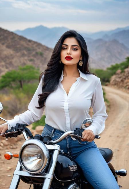 (masterpiece, best quality, ultra-detailed, 8K),high detail, realisitc detailed, a beautiful young mature pakistani women slight fat curvy body with long flowy black hair over shoulders in the dark, weraing a full tight buttoned shirt and jeans riding a motorbike,action scene,, blue eyes, pale soft skin, kind smile, glossy lips, a serene and contemplative mood, setting on the top of the mountain, ,red lips,hd makeup,DonM3l3m3nt4l