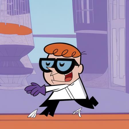 photo of a young boy scientist, wearing white closed lab-coat, purple gloves, orange hair, glasses, running away from danger, highly detailed, best quality, masterpiece, DSLR, 8K <lora:dextr95_V12:0.75>