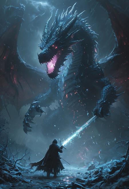 evil frozen dragon, realistic, In a cyberpunk-inspired realm, Theme: Futuristic, cyberpunk-inspired The Moon: A figure, walking through a dark, foggy forest, is haunted by ghostly apparitions. The background is the silhouette of a dragon emerges from the darkness, its form composed of the same vibrant energy. The entire scene is bathed in a contrast of deep blacks and brilliant frozen dragon, creating a dynamic and visually striking composition. Particles of light scatter through the air, adding to the mystical atmosphere. This digital illustration blends elements of anime artistry with futuristic aesthetics, resulting in a captivating image that radiates energy and intensity, snowing, ready for battle, holding sword, bright thunder, red fireflies lightning <lora:CyberRealistic_Negative-neg:1> <lora:patty_cake:1> <lora:detailed_notrigger:1>  <lora:XL_boss_battle:1>