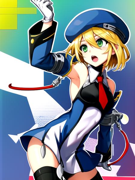 (symmetric, highres, absurdres, novel illustration, promotional art, game cg, exceptional, best aesthetic, best quality, masterpiece, extremely detailed, center frame:1.0), noel vermillion, solo, green eyes, blonde hair, short hair, beret, collared dress, detached sleeves, white gloves, ((outline)), ((polka dot background)) <lora:noel vermillion (calamity trigger):1>