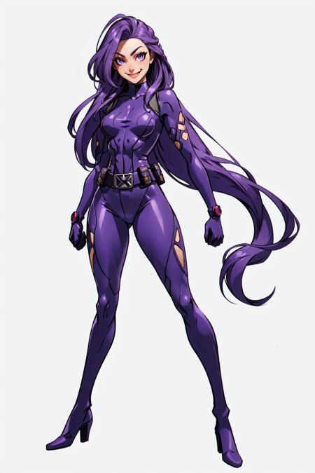 post_revanche,  1girl,  solo,  long hair,  smile,  simple background,  gloves,  white background,  standing,  full body,  purple hair,  belt,  bodysuit,  clenched hand,  animification,  purple bodysuit, <lora:EMS-51662-EMS:0.800000>