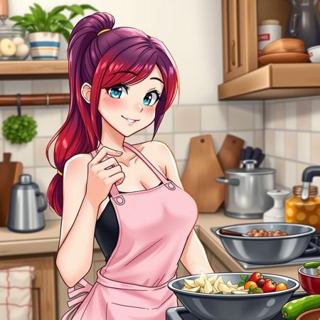 Tall, red hair, purple haired roots and tips, small breasted, small chested, adult woman, blue eyes, high detailed drawing,  cooking with passion, tasting a sample of the exact same, as the food she is making, in a cute pose for the camera, winking with one eye, smiling, in a well decorated kitchen, wearing a light pink apron, with a black singlet top underneath