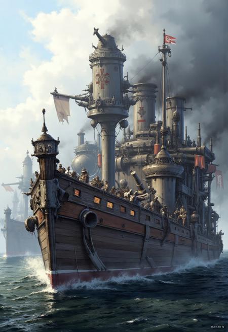 By Jakub Rozalski. (Masterpiece, ultra-realistic, 32k, best quality, hyper-detailed, cinematic lighting, intricate textures, photorealistic, dramatic composition, immersive depth, trending on ArtStation.)
intricate linework with expressive contrasts, soft lighting. The Imperial Navy’s Warship Design
The Imperial Navy prioritized sheer firepower and reinforced hull durability, pushing the limits of shipbuilding to create ever-larger warships. Their vessels loomed like floating fortresses, their colossal wooden hulls fortified with layers of reinforced planking and iron bracing.
Cannonports lined the expansive broadsides, each housing a meticulously arranged battery of heavy naval cannons. The designers, driven by a relentless hunger for supremacy, sought to maximize the number of guns on each ship, turning them into devastating war machines. The result: titanic battleships, bristling with artillery, ready to unleash thunderous barrages upon their enemies.
Set against the open sea, these behemoths embodied the Imperial doctrine of naval dominance—not through speed or maneuverability, but through overwhelming, unrelenting firepower.