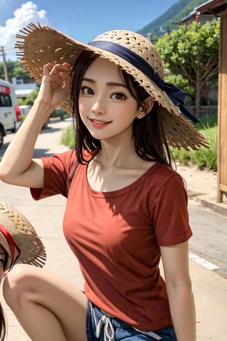 sawamura haruka (young), ryu ga gotoku, yakuza, brown hair, long hair, parted bangs, black eyes, red shirt, shorts, straw hat, in the streets of Okinawa, smile, looking at viewer (((best quality, masterpiece))), (((extremely detailed))), RAW photo, realistic, natural lighting, best quality, color accuracy, 8k uhd, <lora:Sawamura Haruka (Young):0.8>,