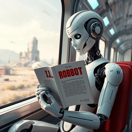Robot humanoid woman sitting in futuristic train and reading a book that is upside down "I, Robot" by Isaac Asimov", train is passing by futuristic landscape.