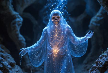 A skeletal wizard is wrapped in a swirling bioluminescent mist of magical sparkles. Inside an ancient forgotten underground temple to strange gods. Bioluminescence, luminous
