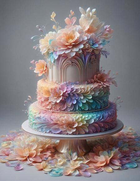 wedding cake, p1nk1r1fl0wers, made out of iridescent flower petals, high quality, masterpiece <lora:PinkieIriFlwrsSDXL:1>