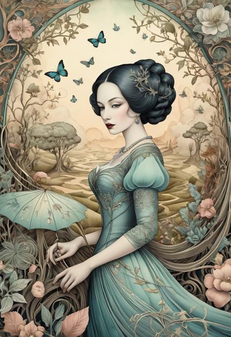 Madame X, surreal fantasy illustration, dreamlike atmosphere, hand-drawn cartography, organic linework, soft pastel tones, fantasy map textures, whimsical surrealism, tangled nature, symbolic figures, quiet mystery, ethereal storytelling, folktale mood, botanical elements, eerie elegance, ink and parchment textures, soft emotional surrealism